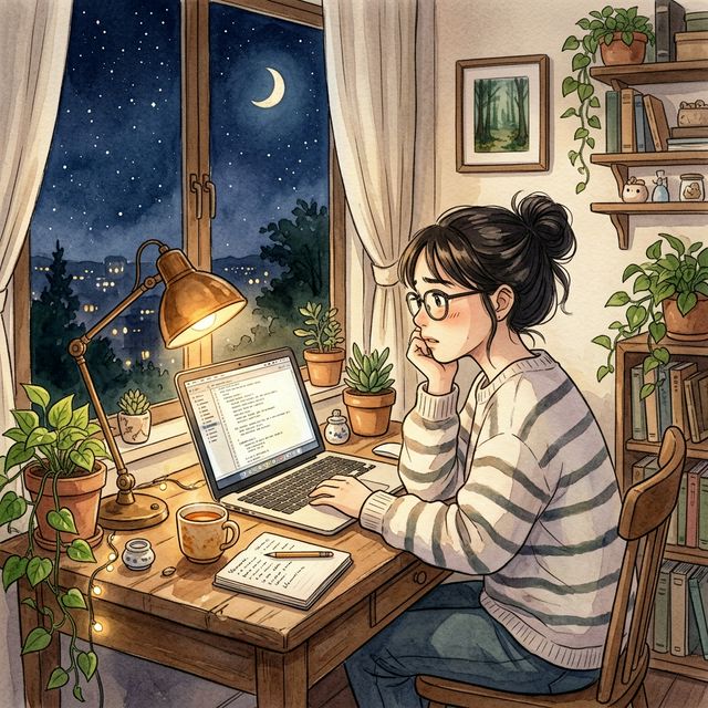 夜、一人で悩む女性